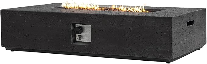 SUNBURY Outdoor Travertine Fire Pit Table 56 inches Rectangle Propane Gas Patio Fire Pit 50000 BTU Concrete Low Firepit Table with Lava Rocks Waterproof Cover (Grey)