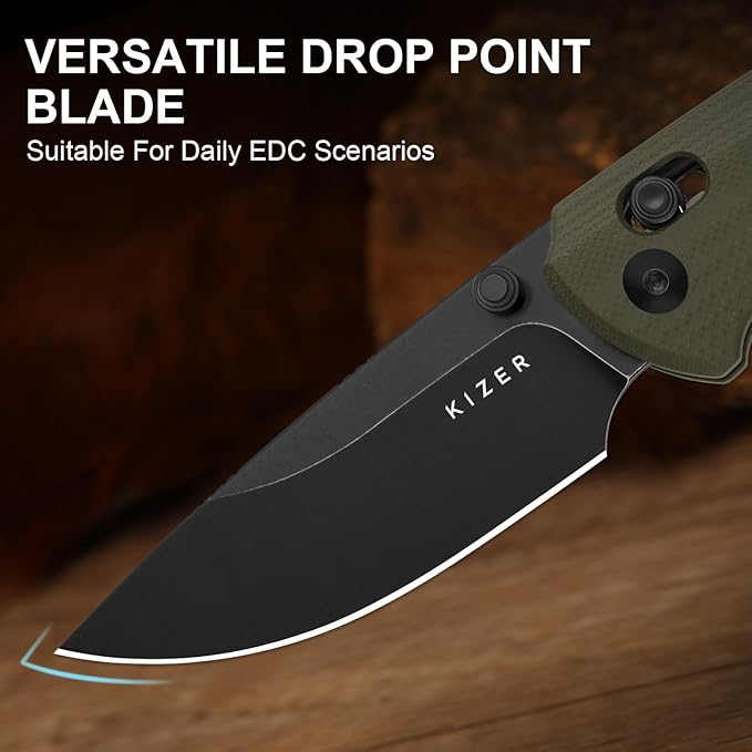 Kizer T1 CD EDC Pocket Knife 3.2 D2 Steel Drop Point Folding Knives with Olive Green G10 Handle Sided Thumb Studs Opener Clutch Lock for Camping Hiking Fishing V3490.2CM1