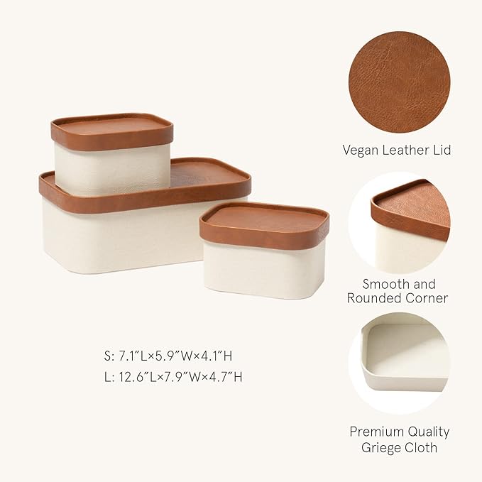 Beige Decorative Storage Boxes With Lids Storage Baskets with Leather-Like Lids Sturdy Stackable Paper Boxes Decorative Tray Modern Basket Organizer Bins for Jewelry Shelve Bathroom Bedroom