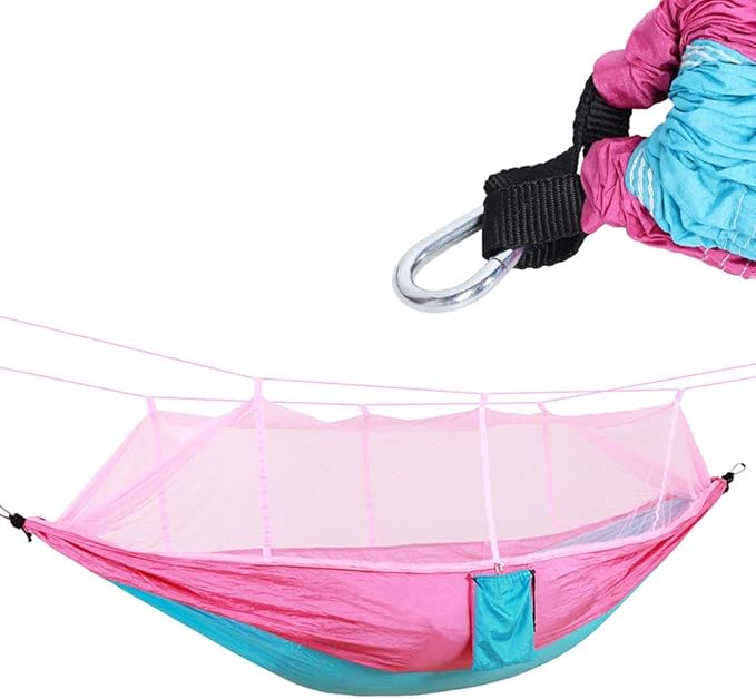 260x140cm Lightweight Outdoor Mosquitoes Net Hammock Camping Swing with Rollover Prevention(260cm-Pink and Sky Blue)