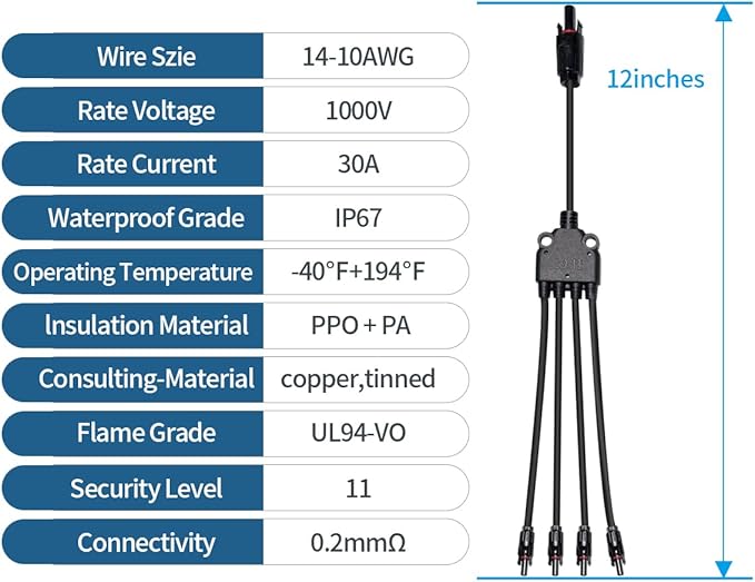 Solar Panel Connector Solar Connectors Y Branch Parallel Adapter Cable 12-Inch 1 Male to 4 Female(M/FFFF) and 1 Female to 4 Male(F/MMMM) Compatible with MC4 Solar Panels and Inverters