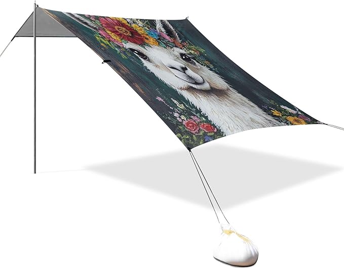 ALAZA Llama Alpaca Wreath Beach Tent Sun Shelter UPF50+ Protection Beach Shade Canopy w/ 4 Sandbags for Outdoor Camping Fishing Backyard Fun Picnic 10x9 ft