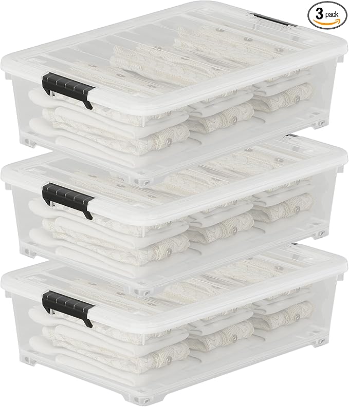 52 Quart Large Plastic Underbed Latching Storage Box Clear Wheeled Under Bed Storage Bins 3 Packs