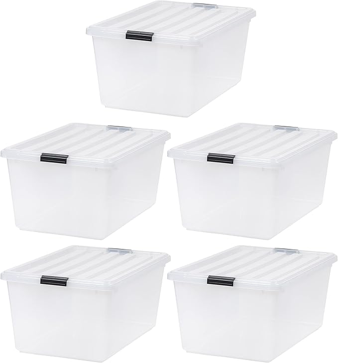 IRIS USA 68 Quart / 17 Gal. Stackable Plastic Storage Bins with Lids and Latch Buckles 5 Pack - Pearl Large Containers for Home and Office Ultra Organization Durable Nestable Tote Box Tub