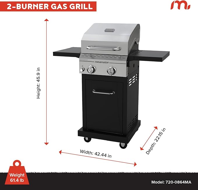 Megamaster Deluxe 2-Burner Gas Grill with Foldable Side Tables 418 SQ In Cooking Space 28000 BTUs Stainless Steel Lid Propane BBQ Grill for Outdoor Cooking Patios Backyards and More - 720-0864MA