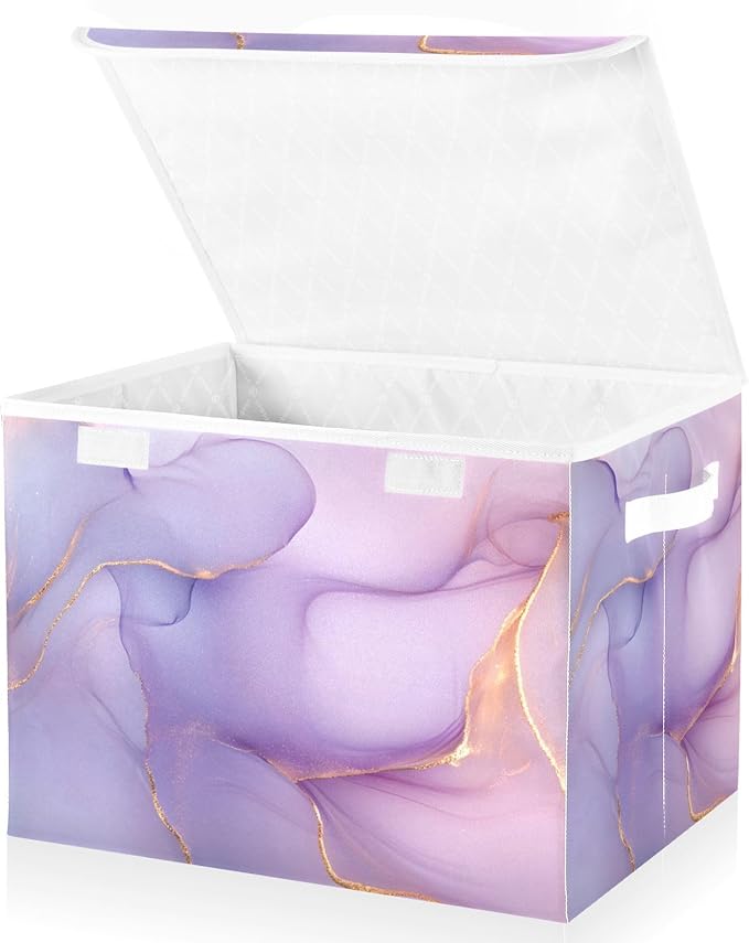 Storage Cube with Lid Luxurious Marble Print 16.5×12.6×11.8 IN Collapsible Large Capacity Foldable Storage Basket Bin Organizer