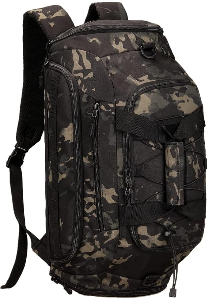 UNISTRENGH 3-Ways Tactical Military Nylon Men Holdall Weekend Travel Duffel Bag Backpack Messenger Shoulder Bags Rucksack Handbag (Black camo-45L)