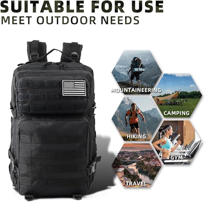 J.SH 45L Large Military Tactical Backpack for Men Army Assault Pack Bag with MOLLE System 3-Day Bug Out Bag for Outdoor Hiking Gym Tactical Missions Rugged Survival &amp Outdoor Rescue - Black