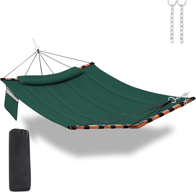 12FT 2 Person Hammock TegerDeger Large Hammock 450LB Capacity with V Shaped Hardwood Spreader Bar &amp Nylon Rope for Outside Patio Garden Backyard Beach Poolside - Dark Green