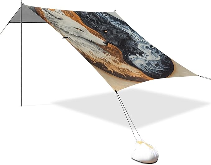 ALAZA Wolf Yin Yang Style Beach Tent Sun Shelter Portable Canopy Sunshade for Outdoor Camping Picnics Backyard Fun 10x9 ft