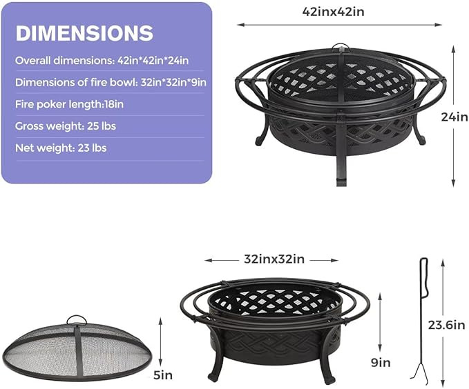 Panovue 42 Inch Outdoor Fire Pit with 2 LoopsCrossweave Wood Burning Fire Pits for Outsidewith Spark ScreenFire PokerRound Metal Firepit for PatioBackyardBeachCampingBonfire(42''Black)