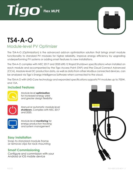 TS4-A-O Module Add-On Rapid Shutdown Optimization 1500V UL/1000TUV 1.2M Cable MC4 Genuine Connectors Part No. 461-00252-32