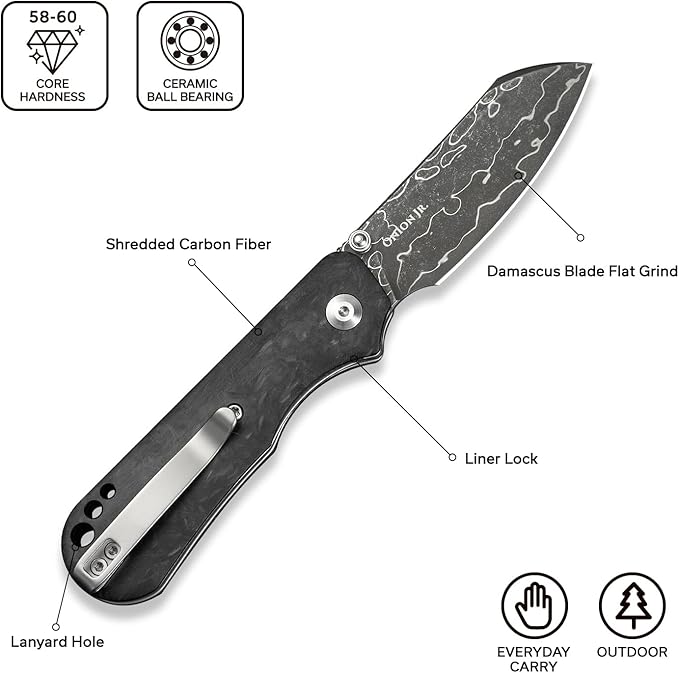 CIVIVI Crabby Pocket Knife EDC Folding Knife for Men Women with Damascus Blade Contoured Shredded Carbon Fiber Handle Designed by Ken Onion Jr. C24055-DS1