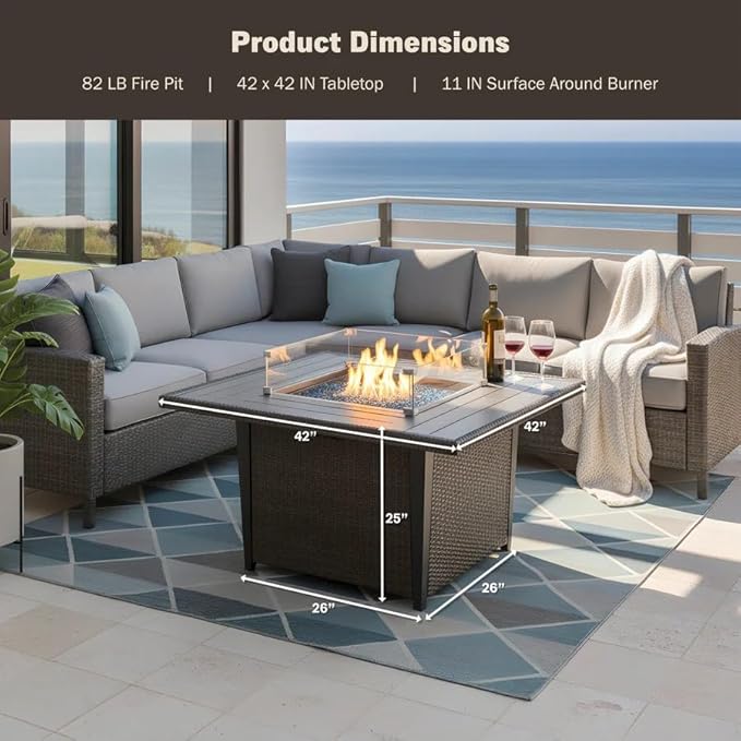 42 Inch Propane Gas Fire Pit Table 50000 BTU Square Aluminum Outdoor Fireplace with CSA Certification Lid Glass Wind Guard &amp Waterproof Cover Gray Rattan 2-in-1 Fire Table for Patio Garden