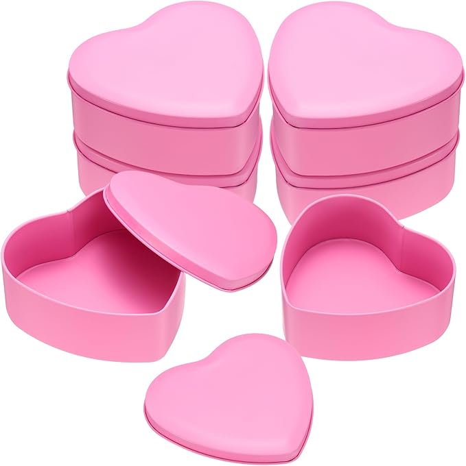 uxcell 6Pcs Heart Shaped Metal Tins Box Empty Candy Jars with Lids Favors Storage Containers for Valentine's Day Candles Wedding Parties Cookies Gifts Pink (12.5x11.5x4.5cm)