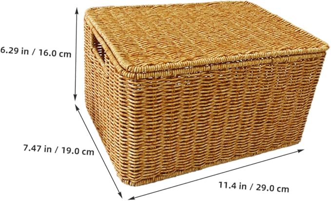 Garneck Faux Rattan Storage Box with Lid Small Sundries Organizer for Bedroom Wardrobe Living Rustic Style Household Storage Bin for Clothes and Books Practical Tiny House Furniture