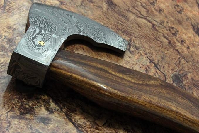 Damascus Steel Tomahawk Axe Bearded Hiking Battle axe17 Inches Long Hand Forged with Rose Wood Round Handle Large 5 Cutting Edge Thick Cow Hide Leather Sheath