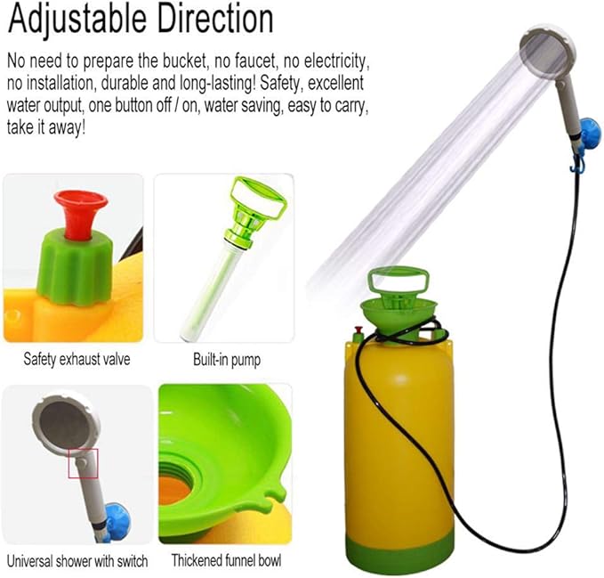 Outdoor Camping Shower with 8 Litre Plastic Water Tank Suction Cup Bracket self-Priming Hand Pressure Design Portable Bathroom Artifact kit for Rural Areas