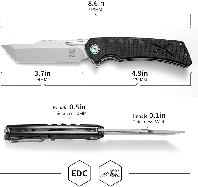 BTFLY G10 Handle Tactical Folding Knife D2 Steel Tanto Blade 3.7in EDC Pocket Knife with Liner Lock &amp Stainless Steel Clip Lightweight Bushcraft Camping Survival Knife for Men Adult