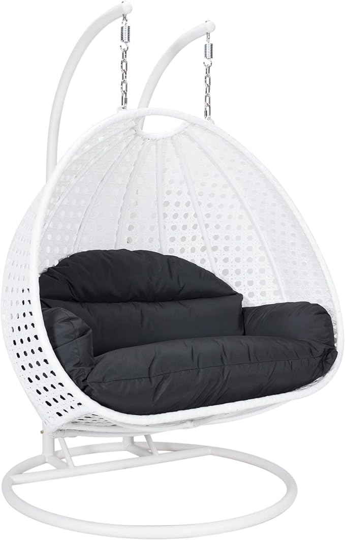 LeisureMod 2 Person Hanging Egg Chair Indoor Outdoor Patio Lounge Swing with White Stand &amp UV-Resistant Cushions Hammock Chair for Bedroom &amp Garden Black