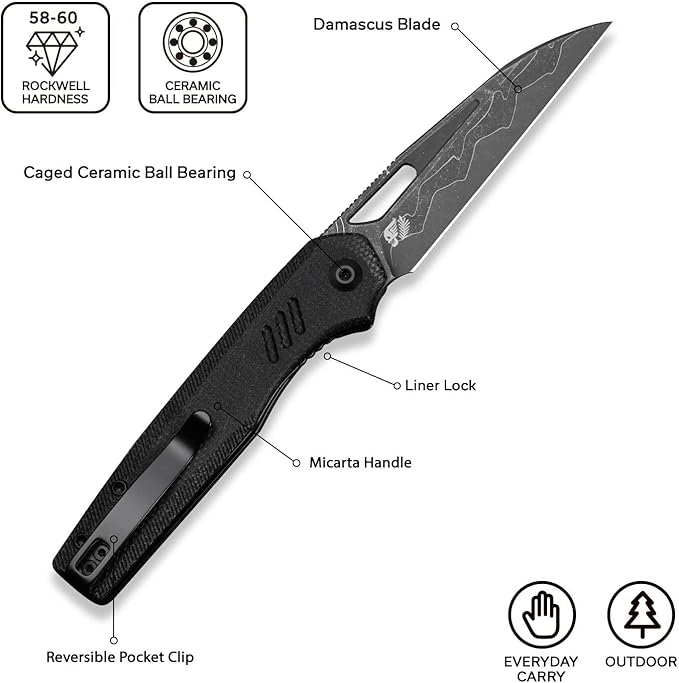CIVIVI Guile Pocket Knife Folding Knife for EDC 3.25 Damascus Blade Micarta Handle with Reversible Deep-Carry Clip C24062B-DS1