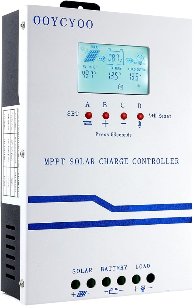 MC60A OOYCYOO MPPT Solar Charge Controller 60 amp 12V 24V 36V 48V Auto 60A Solar Panel Charge Regulator Max 160V Input with LCD Display for Lead-Acid Sealed Gel AGM Flooded Lithium Battery