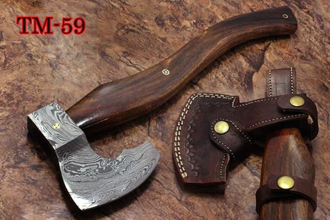 Damascus Steel Tomahawk Axe Bearded Hiking Battle axe16 Inches Long Hand Forged with Rose Wood Round Handle Large 5 Cutting Edge Thick Cow Hide Leather Sheath