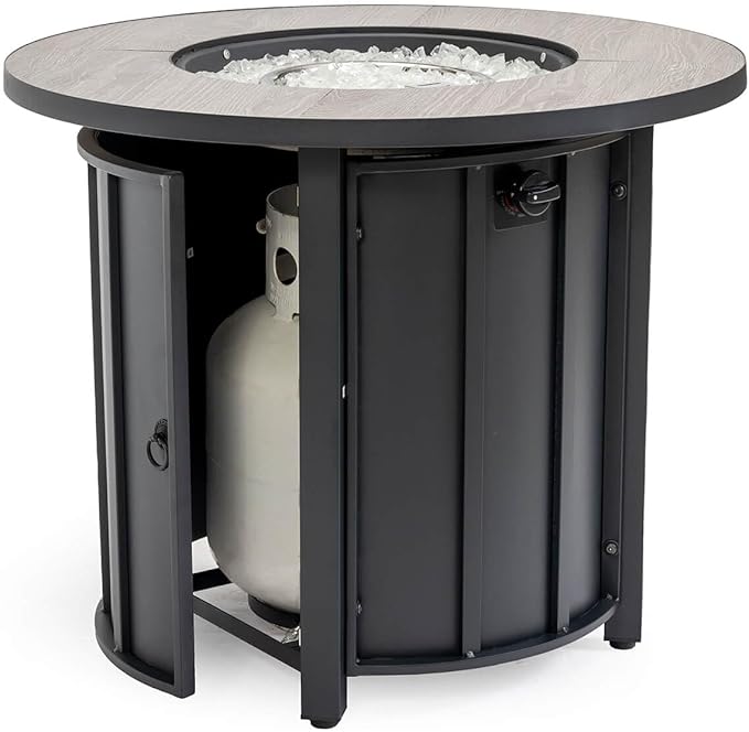 30'' Marble Ceramic Round Gas Fire Pit 50000 BTU Outdoor Fire Tables Fire Table with Lid Add Warmth &amp Ambience to Gatherings and Parties On Patio Deck Garden Backyard White Glass Stone.