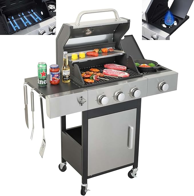 3-Burner Propane Gas BBQ Grill with Side Burner &amp Porcelain-Enameled Cast Iron Grates 37230 BTU Output Stainless Steel Grill for Cooking Kitchen Patio Backyard Barbecue