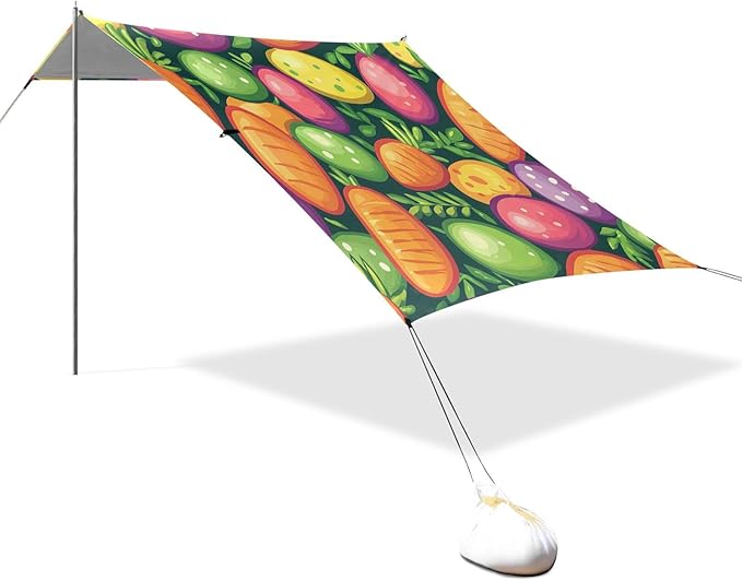 Easter Eggs Carrots Beach Tent Sun Shelter Set UPF50+ UV Protection 10.5 x 9.19 FT Camping Shade Canopy with Sandbags Sand Anchors Carrying Bag and Others
