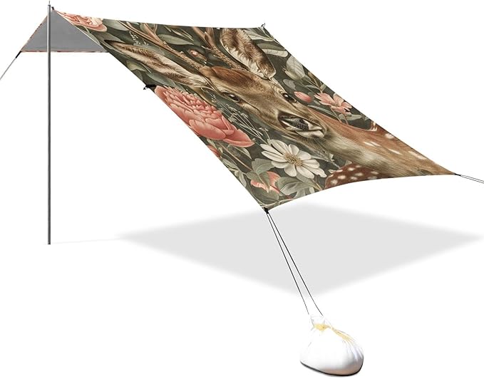 ALAZA Deer Animal Peony Flowers Apple Flowers Feathers Vintage Beach Tent Sun Shelter Portable Canopy Sunshade for Outdoor Camping Picnics Backyard Fun 10x9 ft