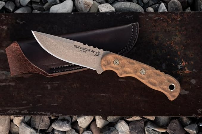 TOPS Knives Tex Creek 69 Full Tang Fixed Blade- Coyote Tan Coating Blade Finish- Brown Leather Sheath w/Belt Loop (Tan Canvas Micarta Handle)