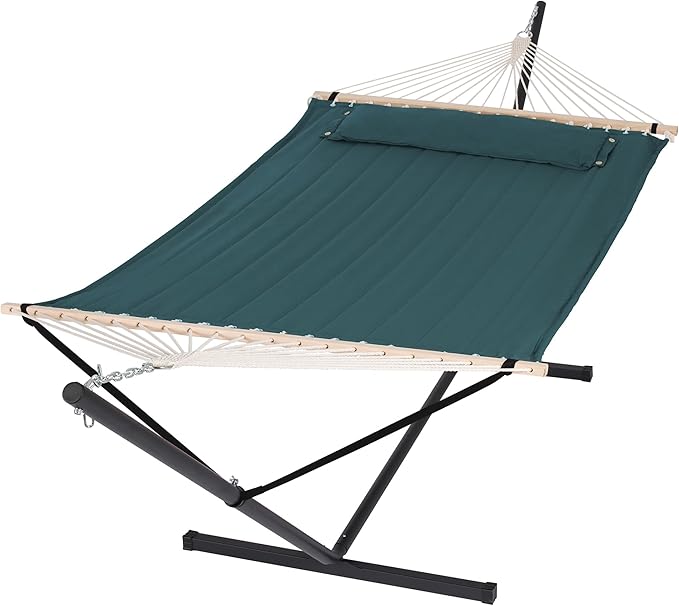 SUNCREAT Hammocks Extra Large Double Hammock with 12 ft Stand for Outside 475lbs Capacity Outdoor Portable Hammock with Hardwood Spreader Bar Extra Large Pillow Dark Green