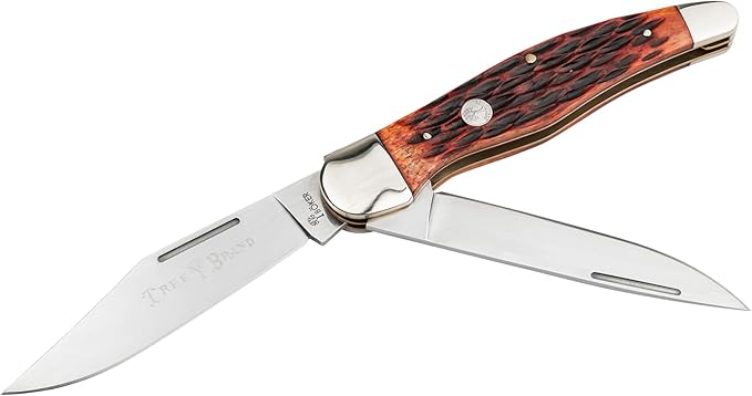 Böker Manufactory Traditional Series 2.0 Folding Hunter Jigged Brown Bone - pocket knife with bone handle scales and two blades - folding knife with D2 blade