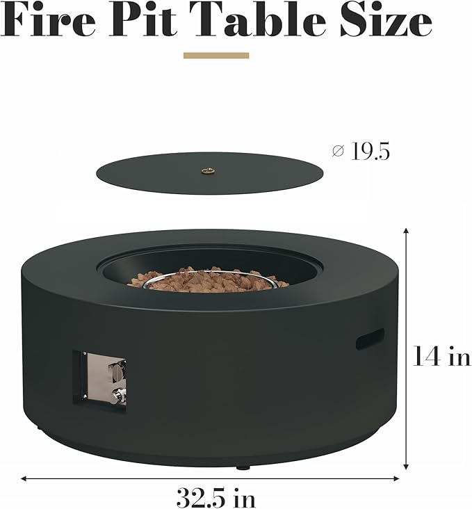 32.5 Inch Propane Fire Pit Table 50000 BTU Round Patio Fire Pit Table Outdoor CSA Certified Stainless Burner with Steel Lid Waterproof Cover &amp Lava Rocks for Garden Backyard Black
