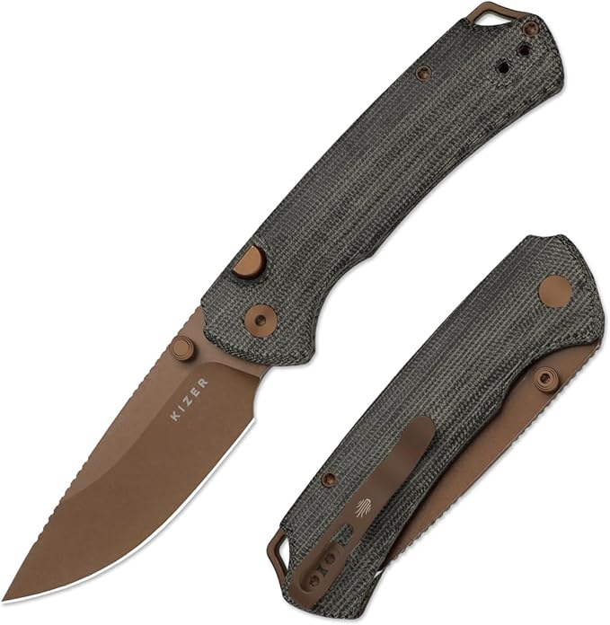 Kizer T1 BD EDC Pocket Knife 3.2 Nitro-V Steel Drop Point Folding Knives with Micarta Handle Thumb Stud Opener Button Liner Lock for Camping Hiking Fishing V3490.2BA2