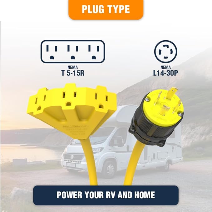 L5-30L14-30 or TT-30 to Triple 5-15R Generator Power Cord Adapter by Journeyman Pro | 30A to 15A/110V 3-Way Splitter | 3-Prong RV Distribution Cords (2'FT L1430P to Triple 5-15R)