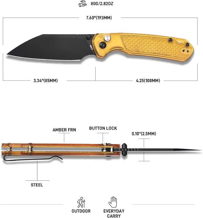 CJRB Pyrite-Light Folding Knife 3.34'' AR-RPM9 Steel Blade Pocket Knife with Clip for Men Women Sharp EDC Knife for Camping Survival Hiking J1945 Amber
