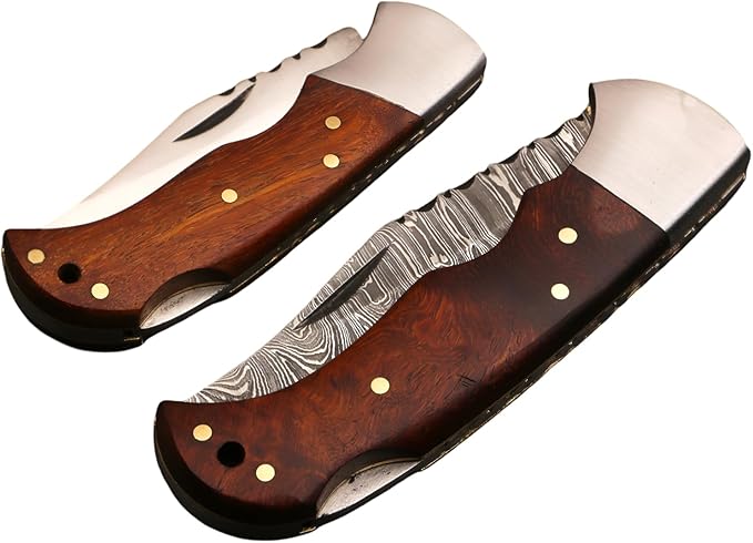 Babu Butt &amp CO Damascus Steel Folding Hunting Knife Set (2-Piece) Rosewood Handle Pocket Knife Handmade EDC Knife for Camping Survival &amp Outdoor Use Gift for Dad Groomsmen Father's Day