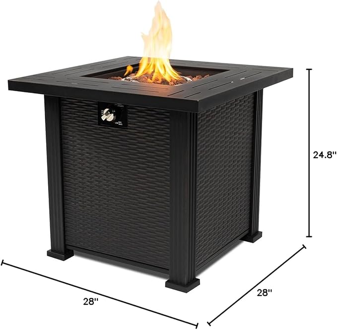 28'' Propane Fire Pit Table 50000 BTU Fire Table with Steel Lid Big Legs Laval Rocks.
