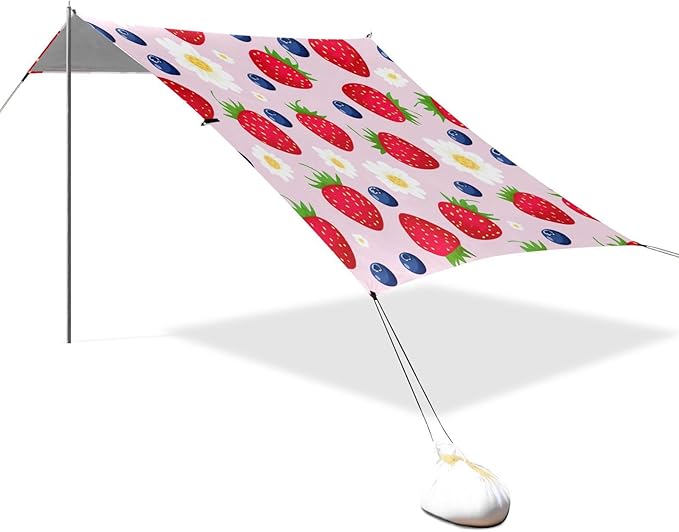 xigua Strawberries Beach Tent Sun Shelter with Carrying Bag - Silver Coated Oxford Fabric Beach Canopy for Beach Camping Fishing - Includes Windproof Ropes Sandbags &amp Stakes