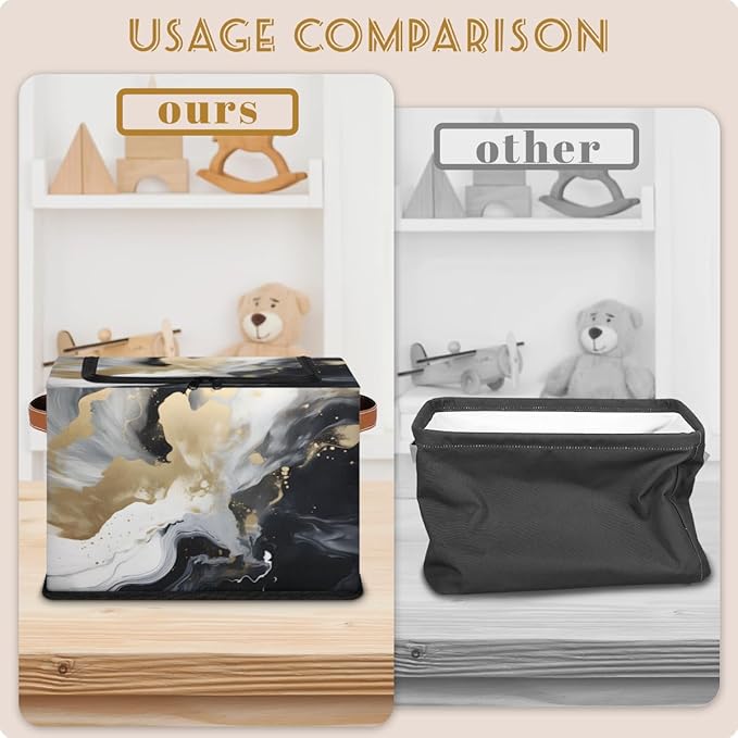 Marble Storage Bins with Zipper Lid Black Gold Marble Fabric Lidded Storage Baskets Cubes with Handles Decorative Foldable Shelf Closet Organizer Container