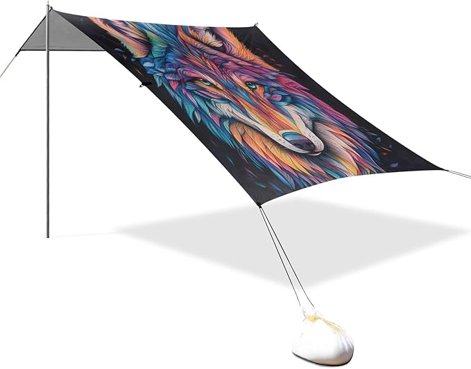 ALAZA Colorful Wolf Face Beach Tent Sun Shelter UPF50+ Protection Beach Shade Canopy w/ 4 Sandbags for Outdoor Camping Fishing Backyard Fun Picnic 10x9 ft