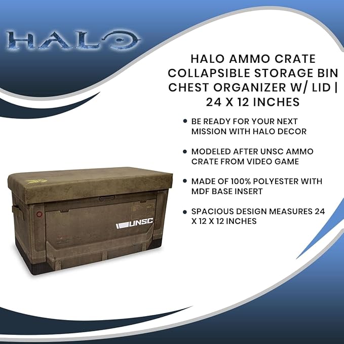 Ukonic HALO Ammo Crate Collapsible Storage Bin Chest with Lid | Fabric Basket Container with Handles Cubby Cube Closet Organizer | Video Game Gifts And Collectibles | 24 x 12 Inches