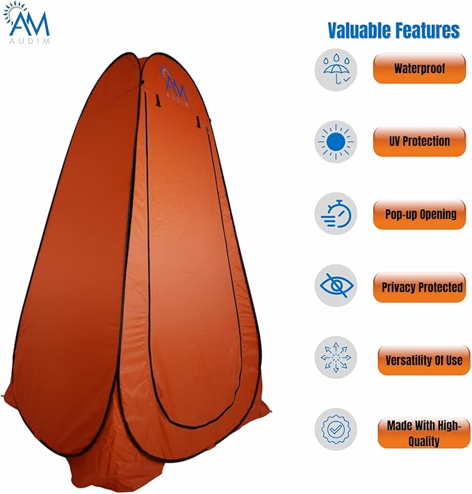 AUDA AUDIM Pop Up Privacy Tent - Camping Shower Tent - Outdoor Sun Shelter - Toilet Tent - Portable Dressing Room - Waterproof Easy Set Up Foldable Lightweight and Sturdy Carry Bag AM001 Orange