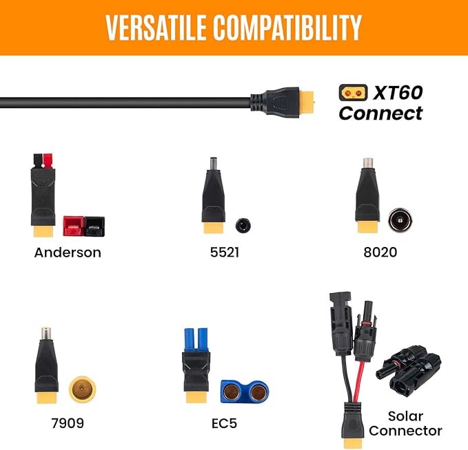 6-in-1 Solar Panel Connector Kit Solar Connector to DC5521 7909 8020 XT60 EC5 Solar Panel Multi Connector Cable Portable Heavy-Duty Weatherproof for RV Power Staion Generator (6.6ft)