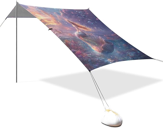 ALAZA Mermaid Beach Tent Sun Shelter UPF50+ Protection Beach Shade Canopy w/ 4 Sandbags for Outdoor Camping Fishing Backyard Fun Picnic 10x9 ft