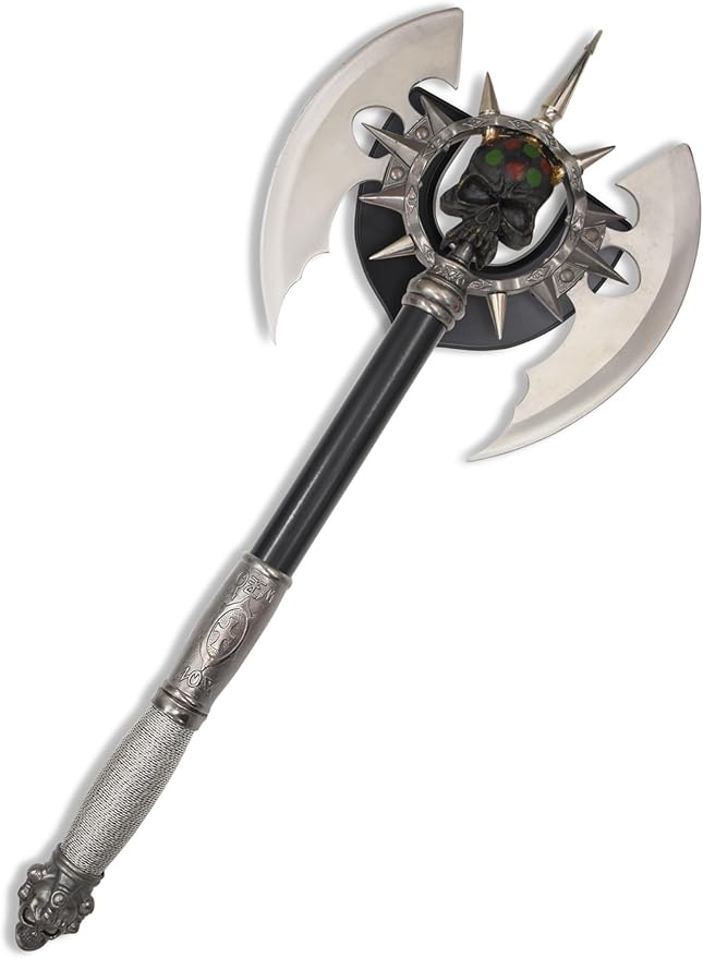 BladesUSA – Fantasy Axe – Full Size Fantasy Medieval Battle Axe Dual Blades and 11 Steel Spikes Around Center Skull. Wire Wrapped Handle Display Plaque - SW-701 – Collectible Display Replicas Silv