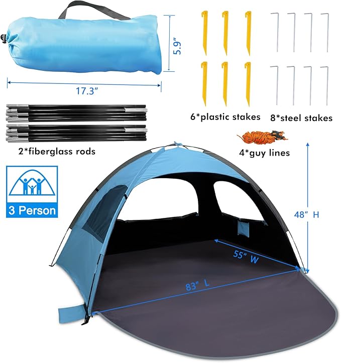 WhiteFang Beach Tent Anti-UV Portable Sun Shade Shelter for 3/4/6/8 Person Extendable Floor with 3 Ventilating Mesh Windows Plus Carrying Bag Stakes and Guy Lines