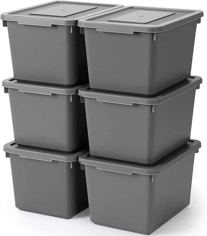Potchen 6 Pcs Pack Cute Plastic Storage Bins with Lids Decorative Stackable Storage Boxes 9.8 ×7.3 ×5.7 Small Storing Totes for Organizing Craft Office Supplies (Grey)
